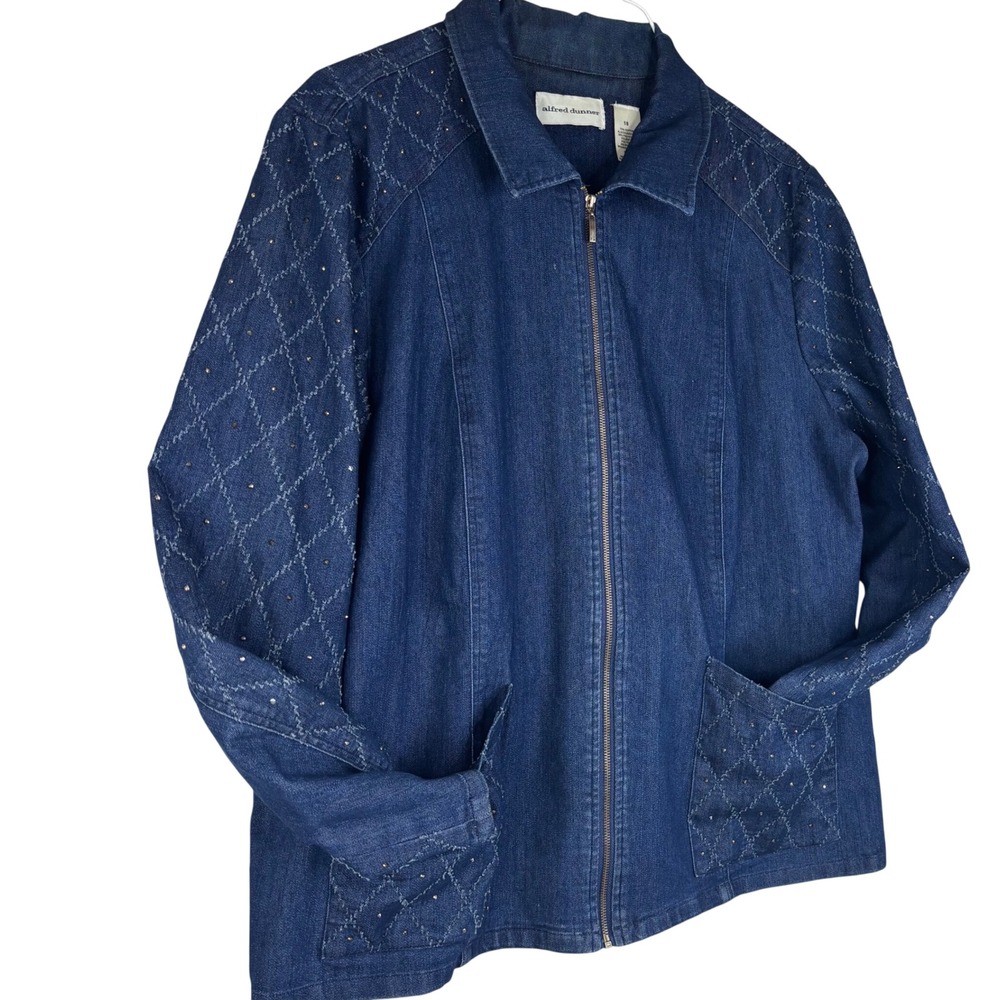 Alfred Dunner Denim Jacket Womens 18 Blue Cotton Studded Embroidered Zip Up